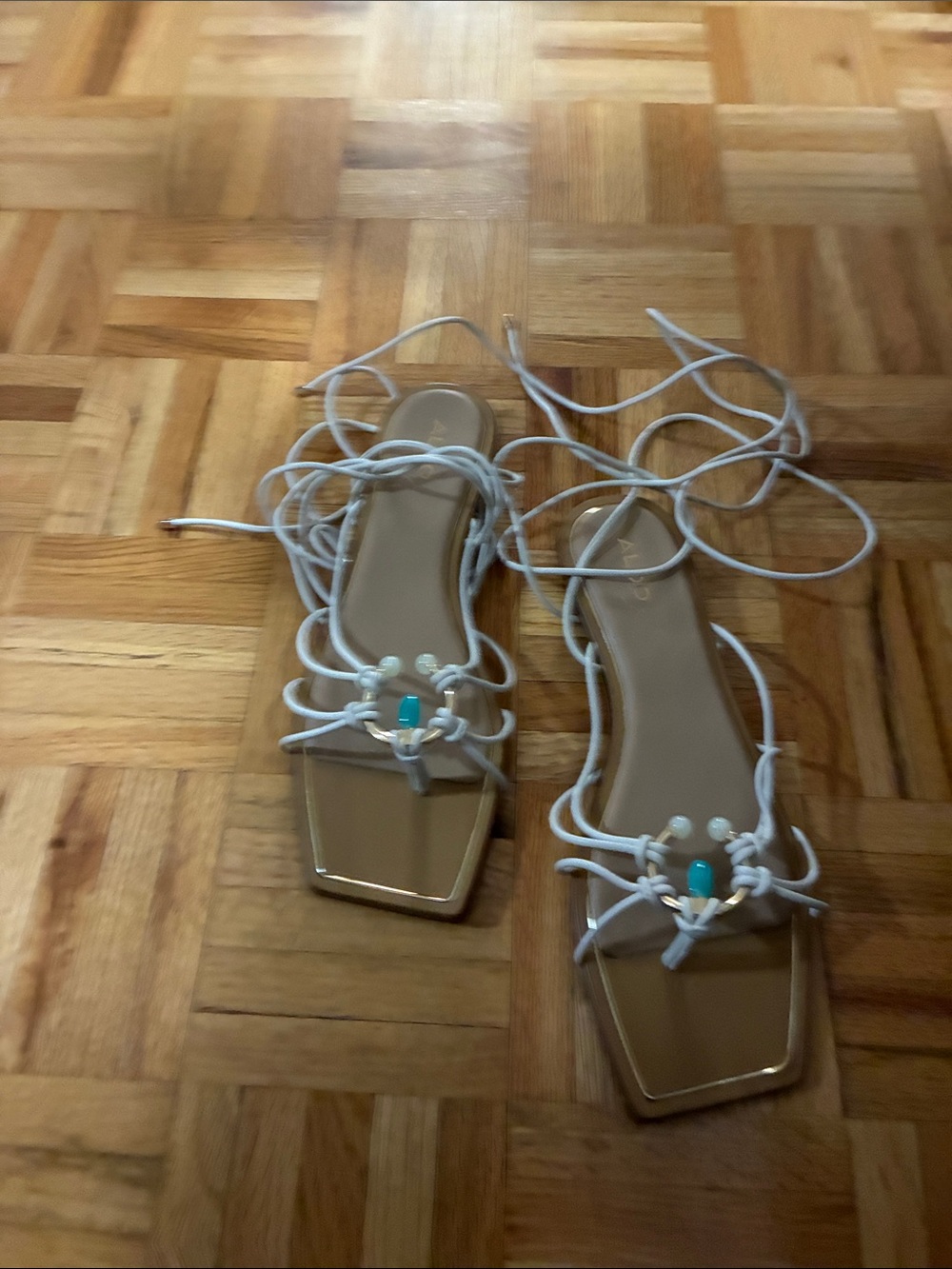 Aldo White Lace-Up Sandals with Turquoise Accent